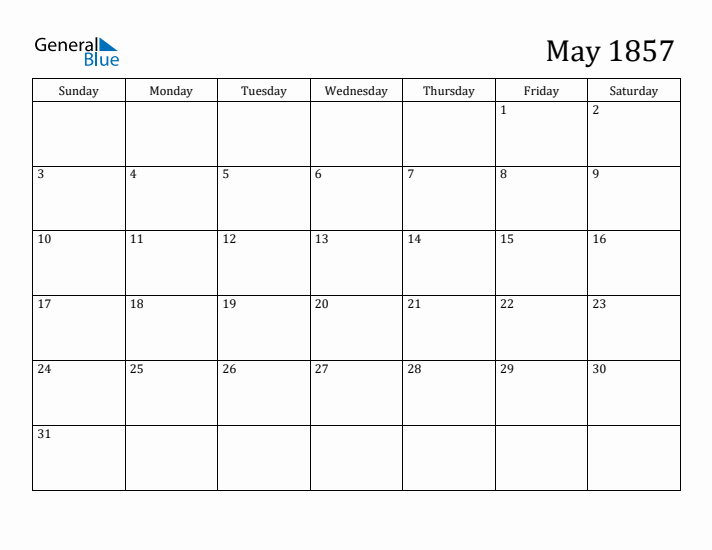 May 1857 Calendar