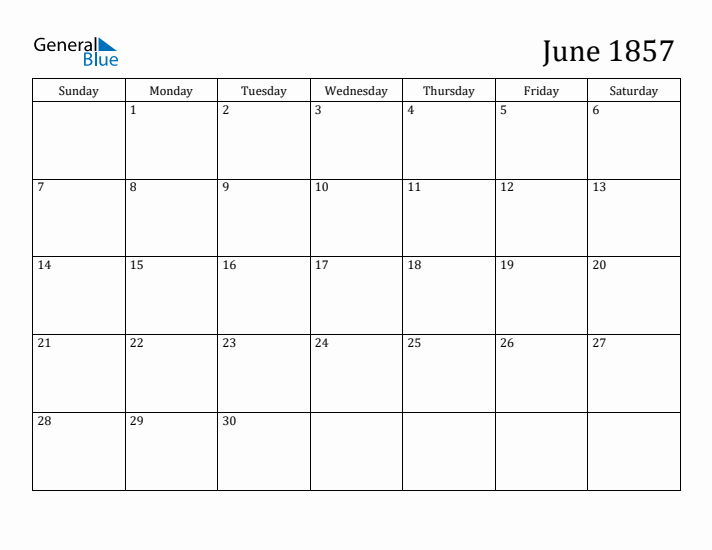 June 1857 Calendar