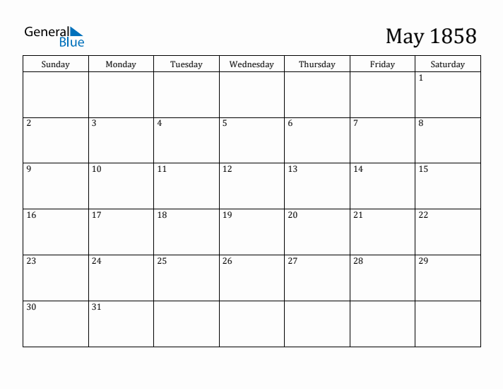 May 1858 Calendar