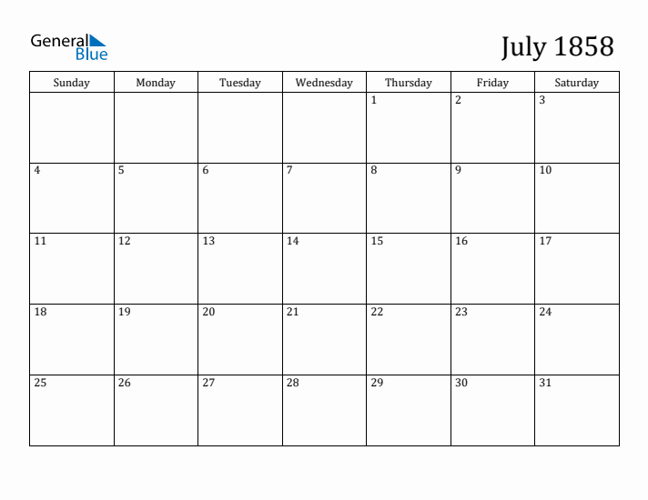 July 1858 Calendar