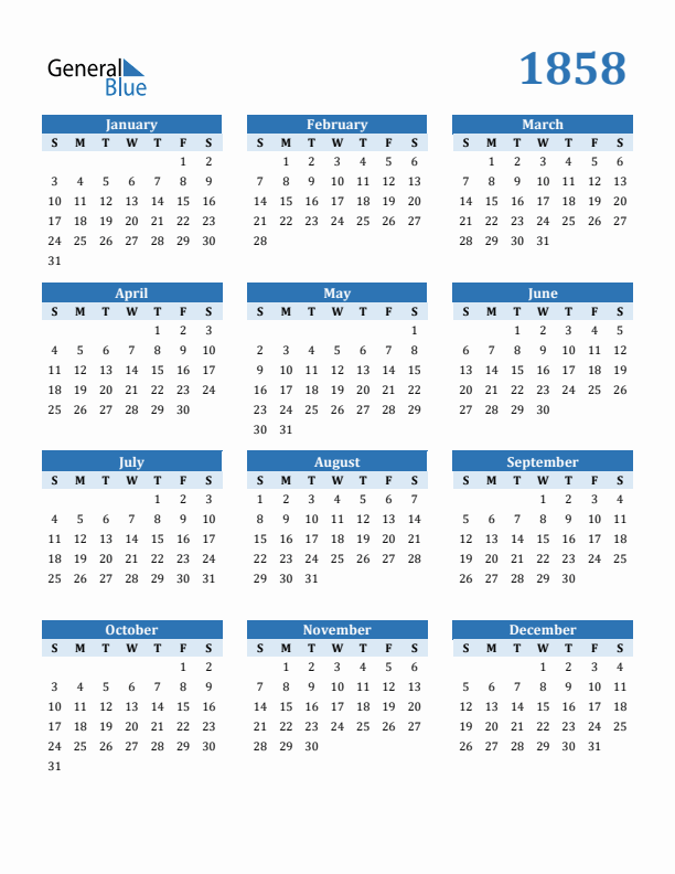 1858 Year Calendar with Sunday Start