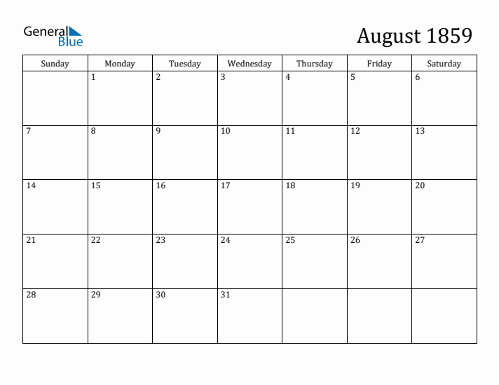 August 1859 Calendar