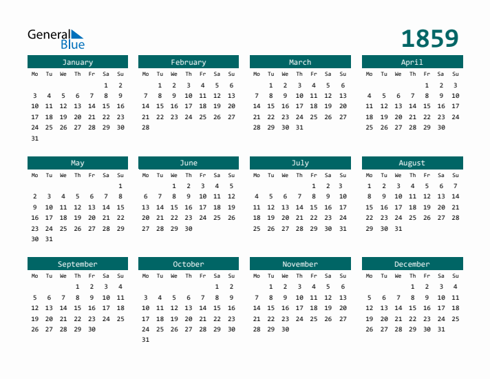 Downloadable 1859 Calendar