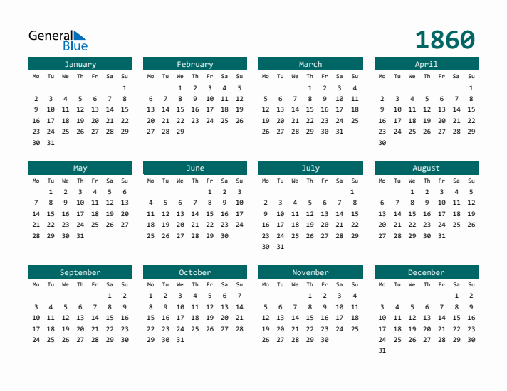 Downloadable 1860 Calendar