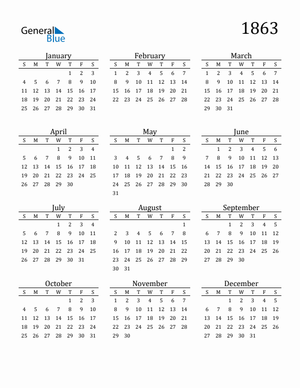 Free Printable Calendar 1863 with Sunday Start