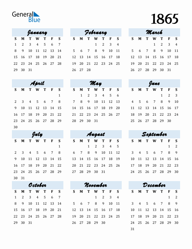 Calendar 1865 Free Download and Print