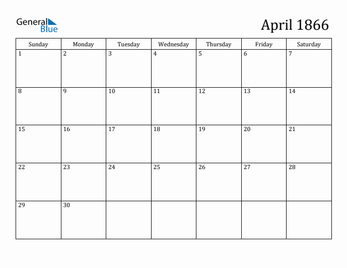 April 1866 Calendar