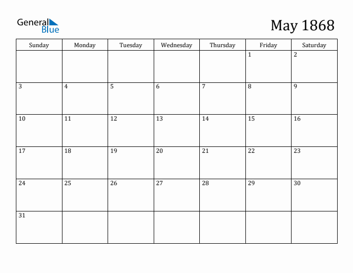 May 1868 Calendar