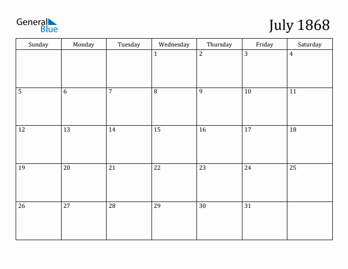 July 1868 Calendar