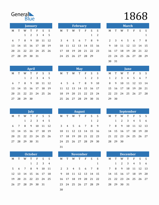 1868 Calendar