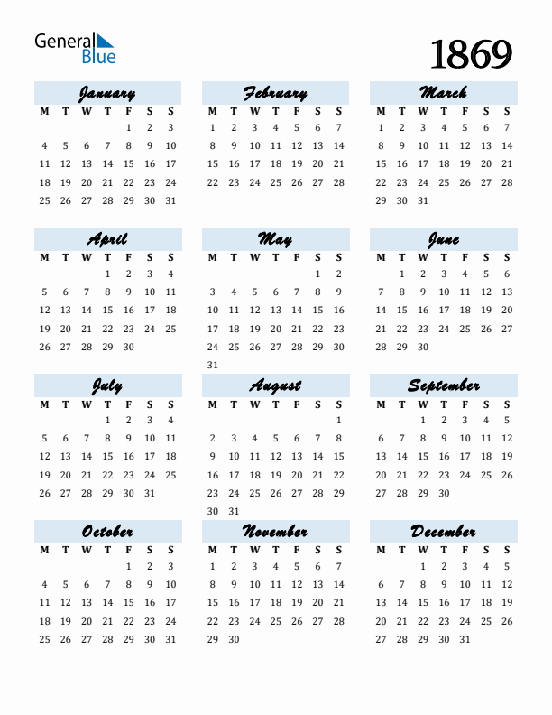 Calendar 1869 Free Download and Print