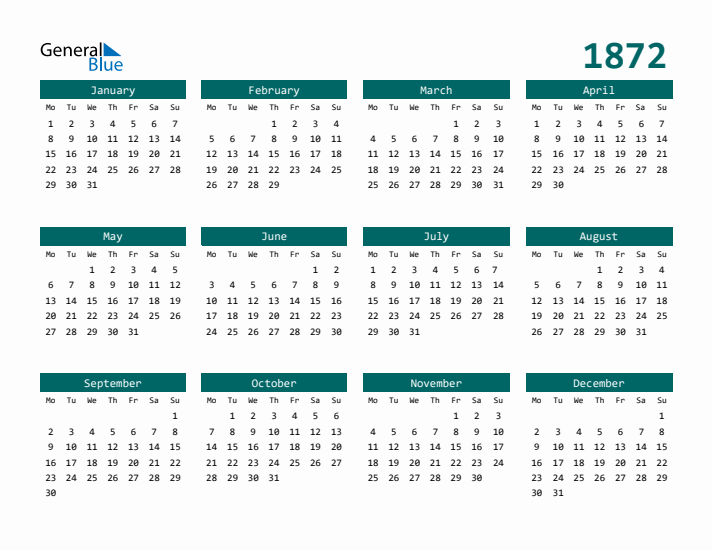 Downloadable 1872 Calendar