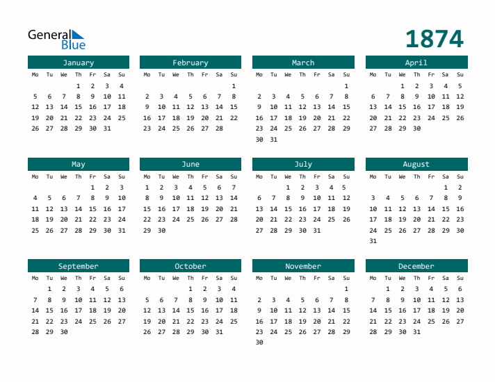 Downloadable 1874 Calendar