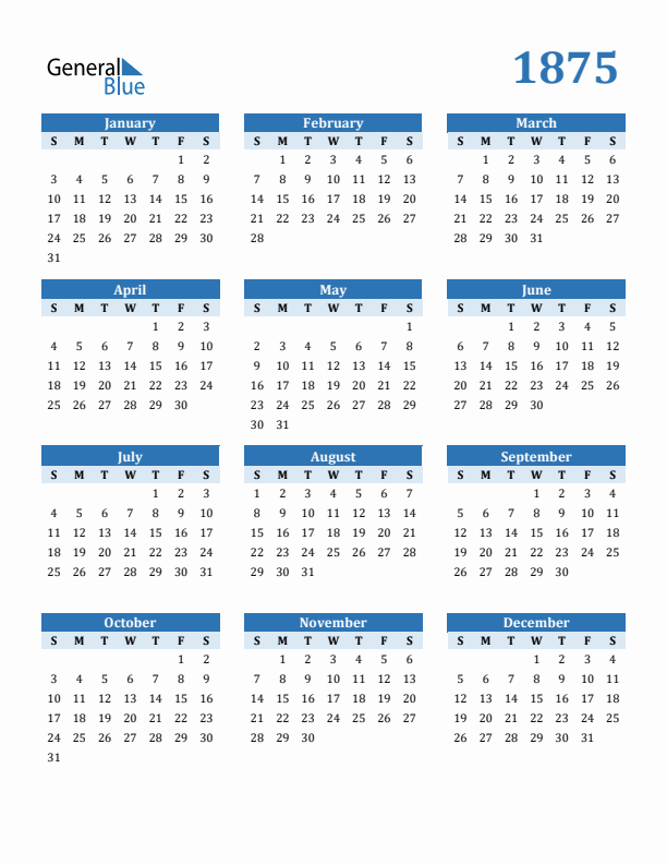 1875 Year Calendar with Sunday Start