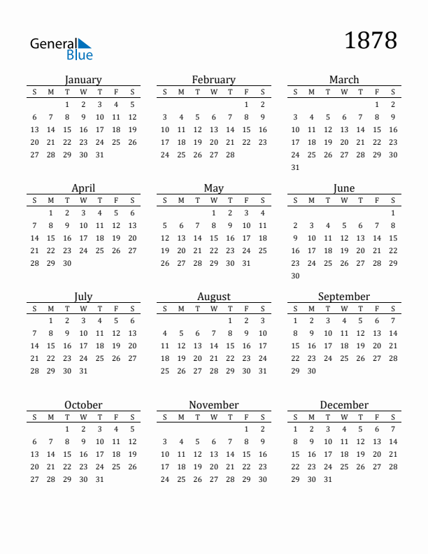 Free Printable Calendar 1878 with Sunday Start