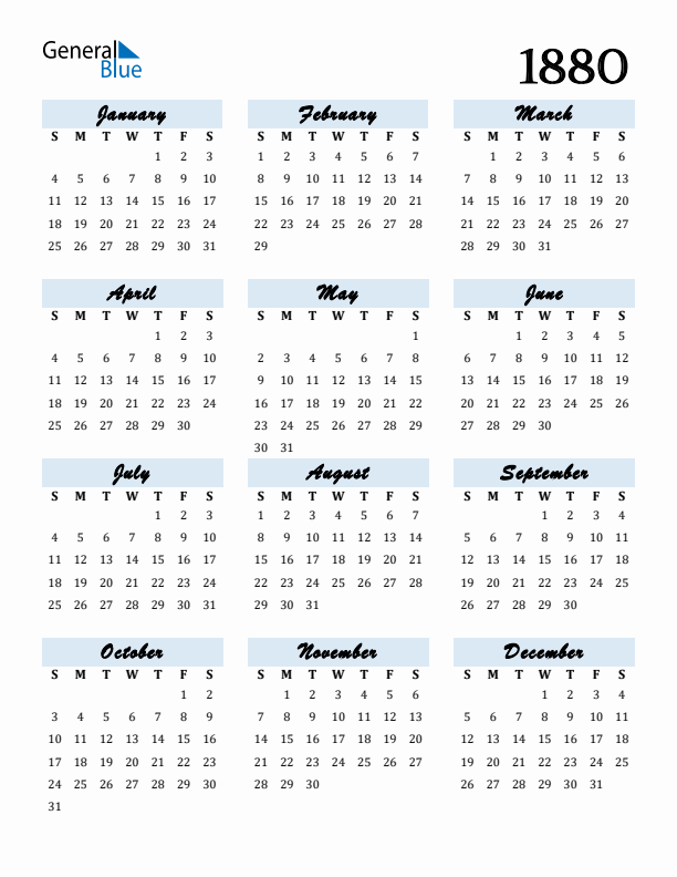 Calendar 1880 Free Download and Print