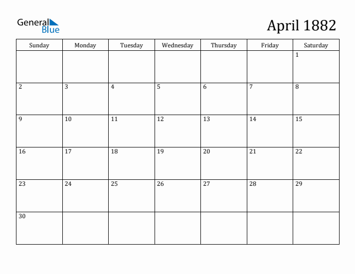 April 1882 Calendar