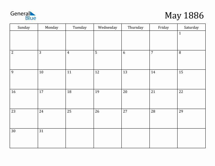 May 1886 Calendar