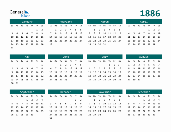 Downloadable 1886 Calendar