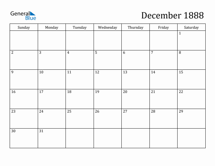 December 1888 Calendar