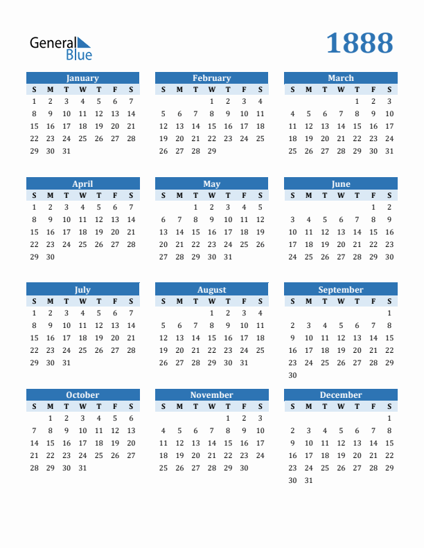 1888 Year Calendar with Sunday Start