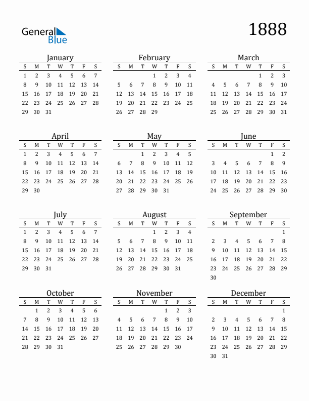 Free Printable Calendar 1888 with Sunday Start