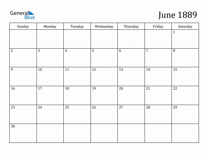 June 1889 Calendar