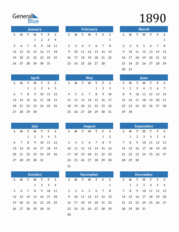 1890 Calendar