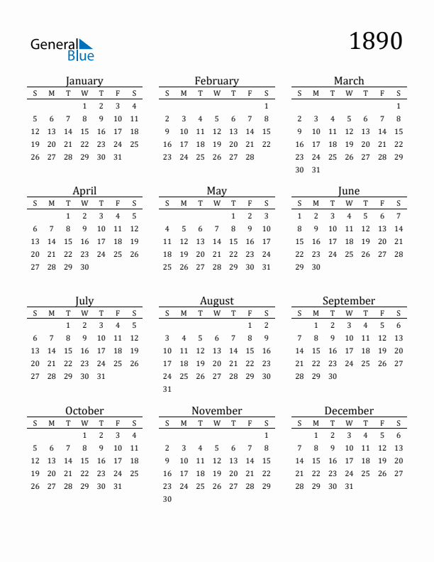 Free Printable Calendar 1890 with Sunday Start