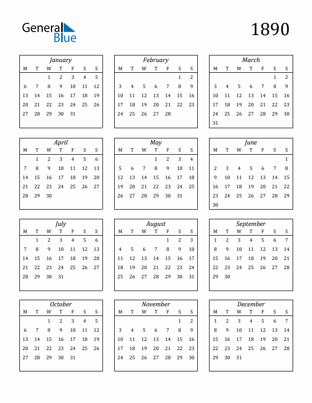 Blank Calendar 1890