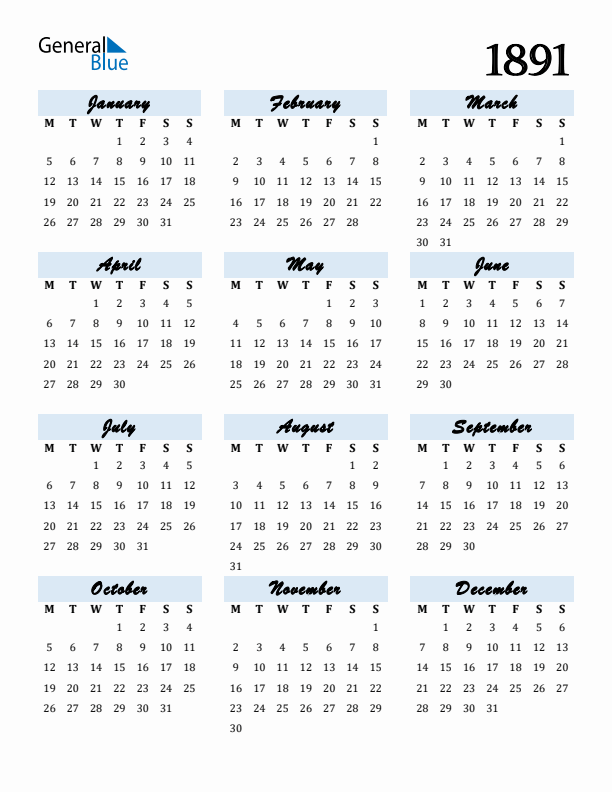 Calendar 1891 Free Download and Print