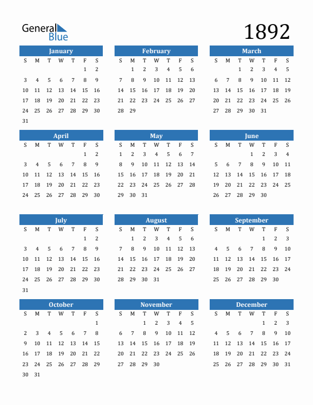 1892 Yearly Calendar