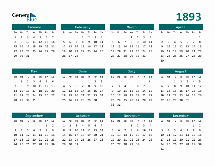 Downloadable 1893 Calendar