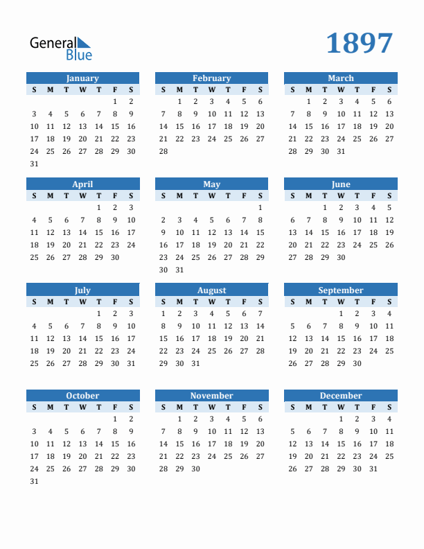 1897 Yearly Calendar