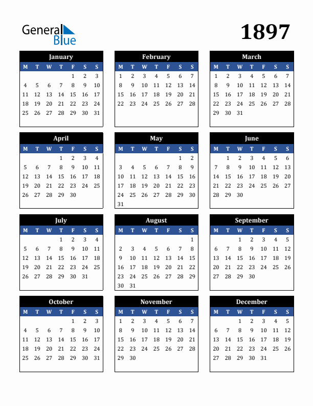 Editable 1897 Calendar