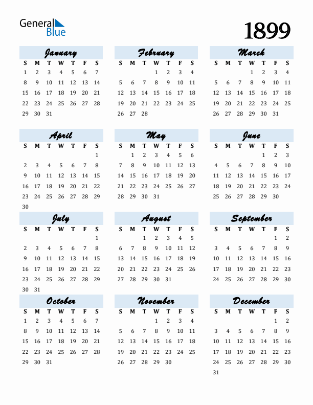 Calendar 1899 Free Download and Print