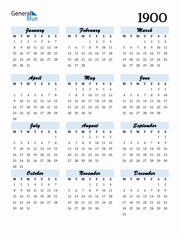 Calendar 1900 Free Download and Print