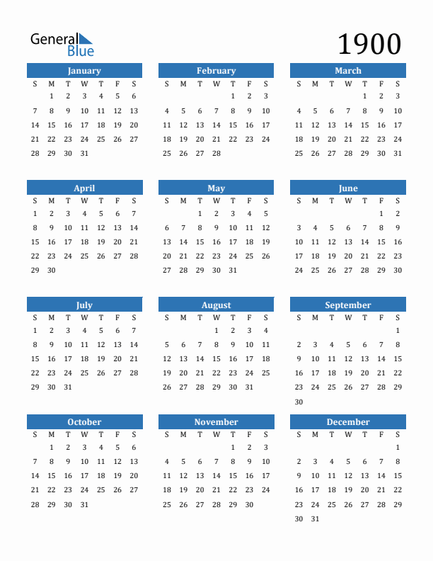 1900 Calendar