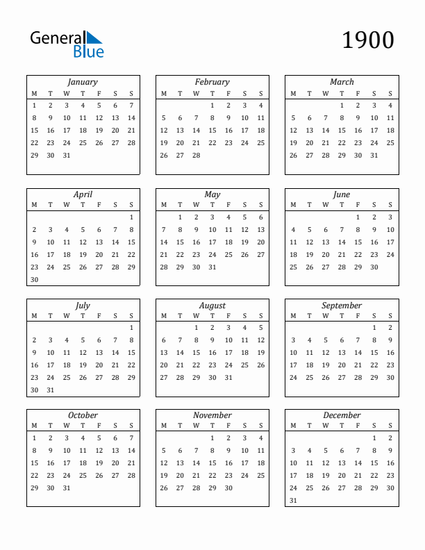 Blank Calendar 1900