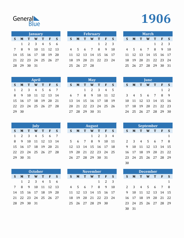 1906 Year Calendar with Sunday Start