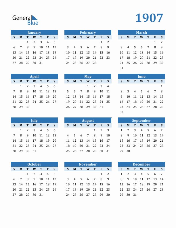 1907 Year Calendar with Sunday Start