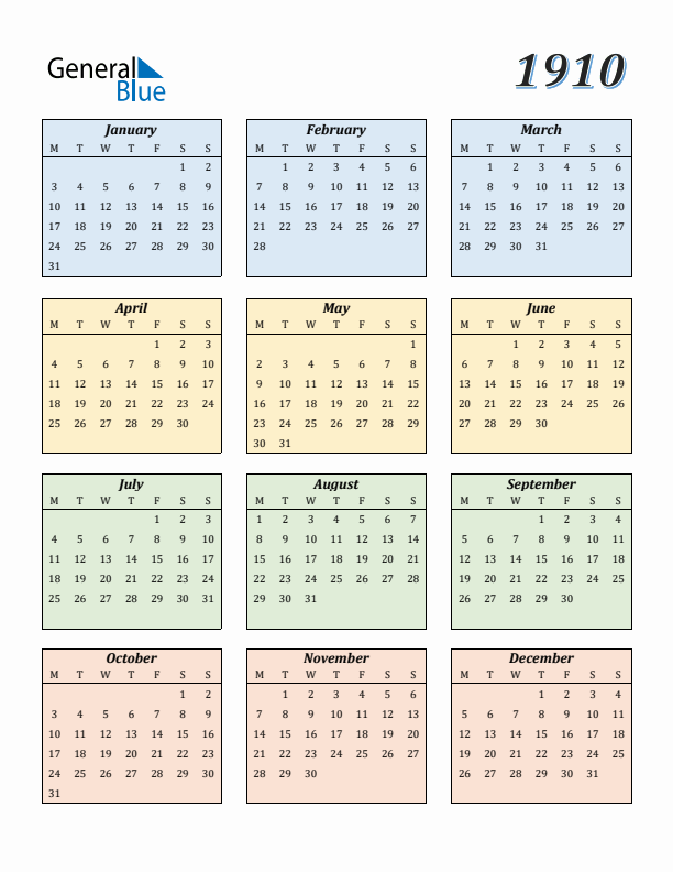 Calendar for 1910 (Monday Start)