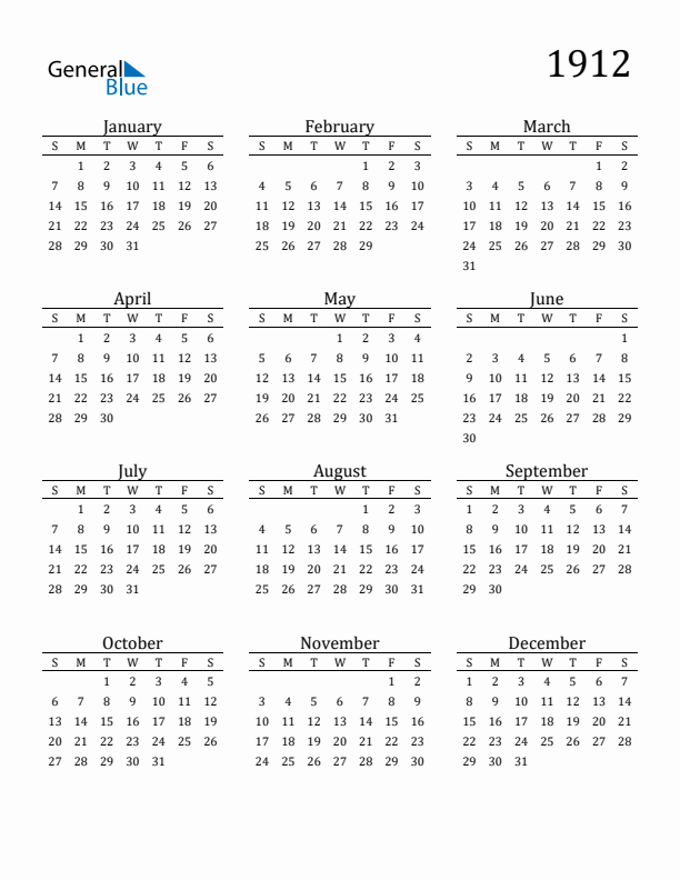 Free Printable Calendar 1912 with Sunday Start