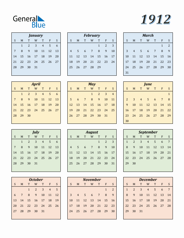 Calendar for 1912 (Sunday Start)