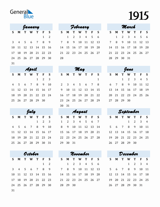 Calendar 1915 Free Download and Print