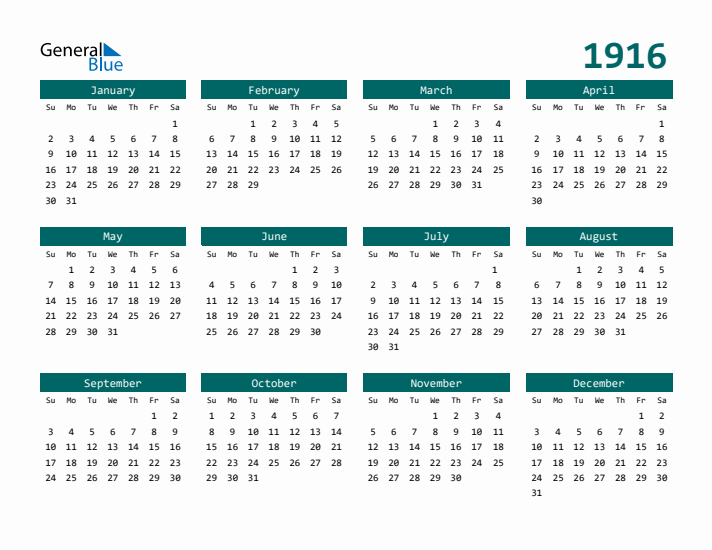 Downloadable 1916 Calendar