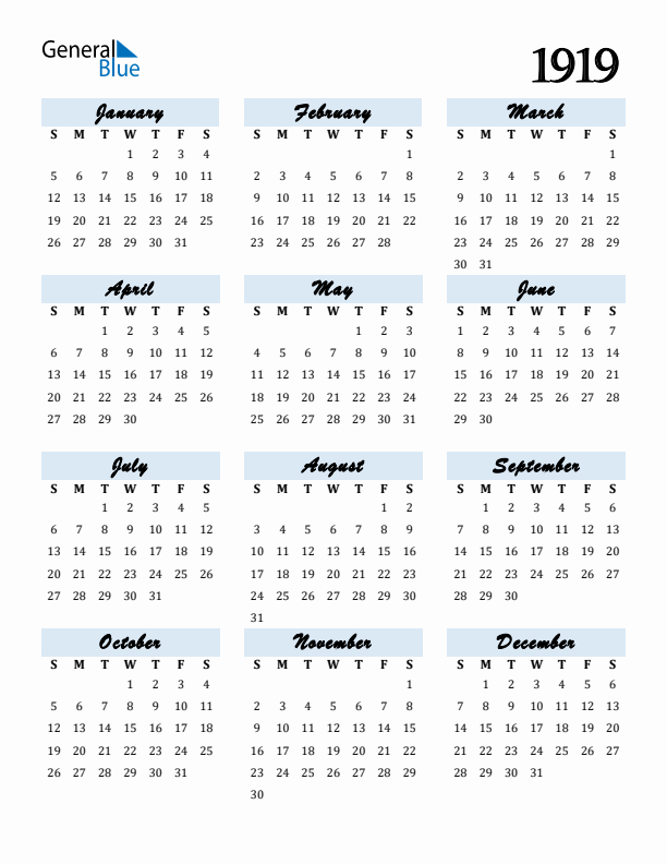 Calendar 1919 Free Download and Print