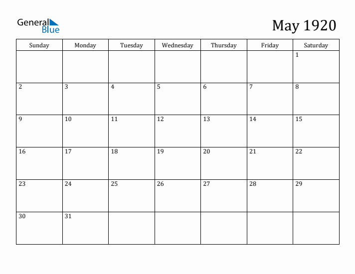 May 1920 Calendar