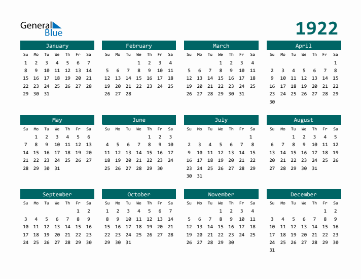 Downloadable 1922 Calendar