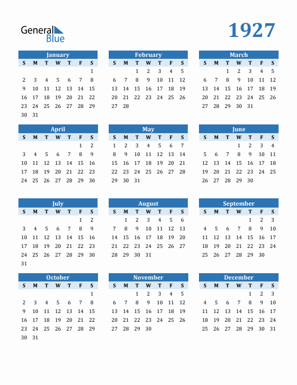 1927 Year Calendar with Sunday Start